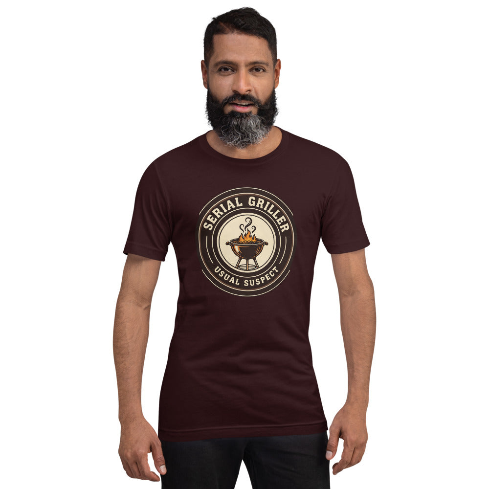 Serial Griller funny BBQ tee — Oxblood Black, on model