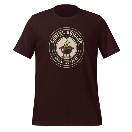Serial Griller funny BBQ tee — Oxblood Black, front