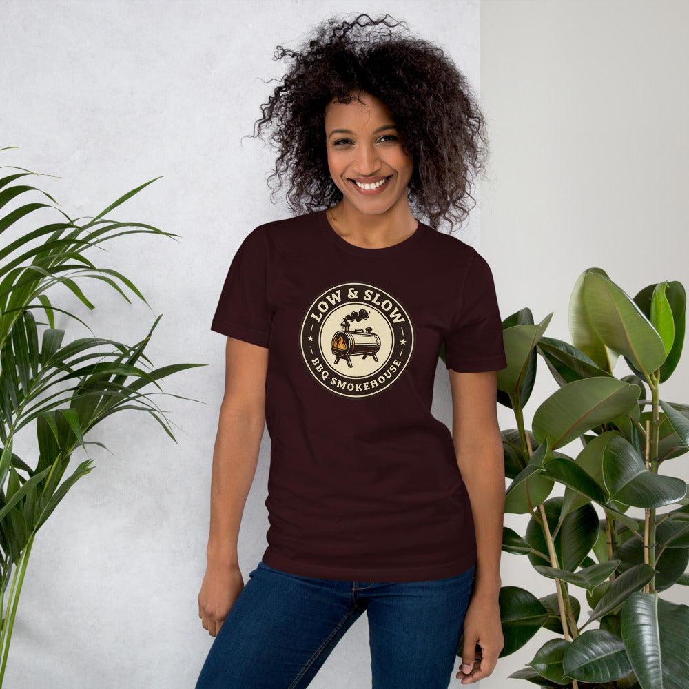 Low & Slow BBQ smoker tee — Oxblood Black, on model