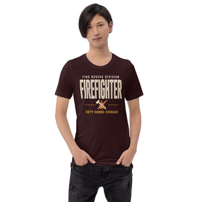 Firefighter collegiate wordmark retro fire-rescue tee — Oxblood Black, on model