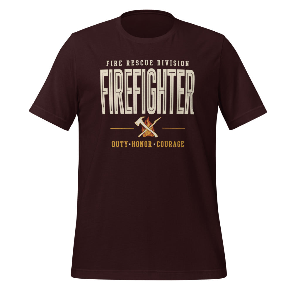 Firefighter collegiate wordmark retro fire-rescue tee — Oxblood Black, front