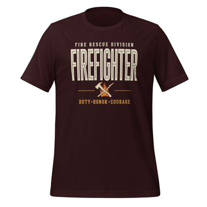 Firefighter collegiate wordmark retro fire-rescue tee — Oxblood Black, front