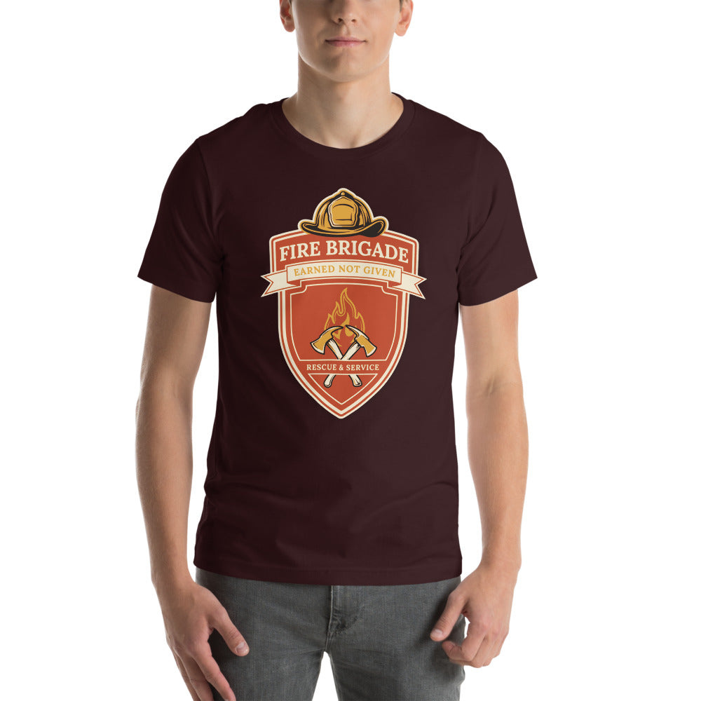Fire Brigade Earned Not Given retro firefighter shield emblem tee — Oxblood Black, on model