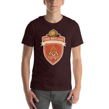 Fire Brigade Earned Not Given retro firefighter shield emblem tee — Oxblood Black, on model