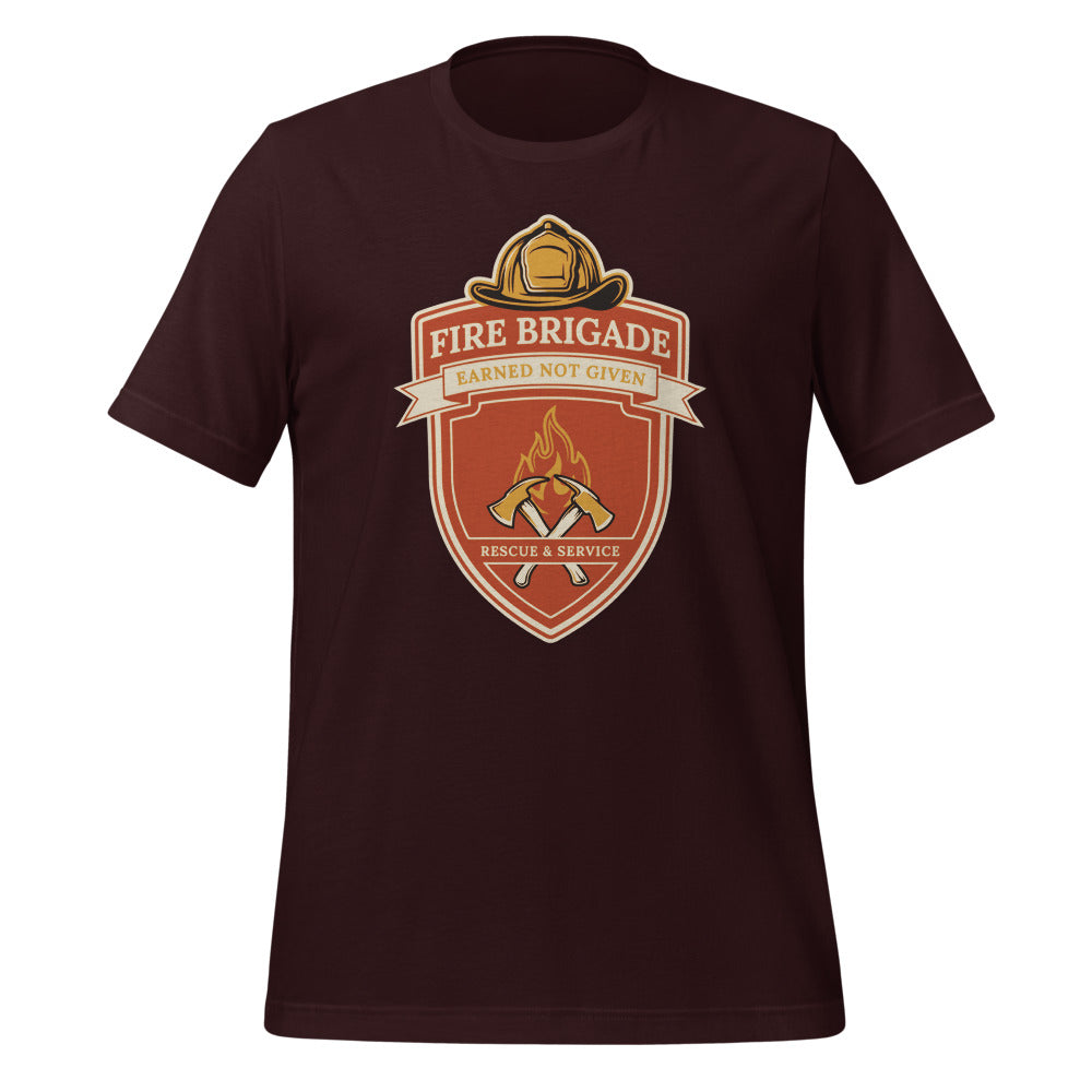 Fire Brigade Earned Not Given retro firefighter shield emblem tee — Oxblood Black, front
