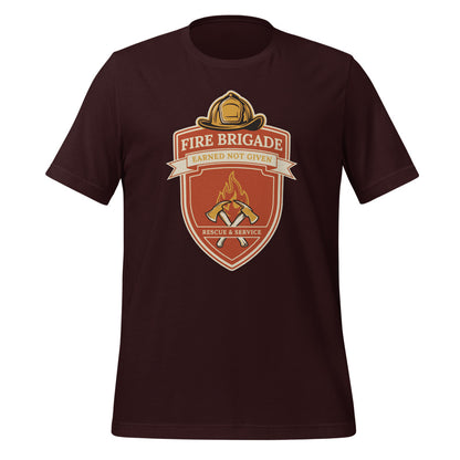 Fire Brigade Earned Not Given retro firefighter shield emblem tee — Oxblood Black, front