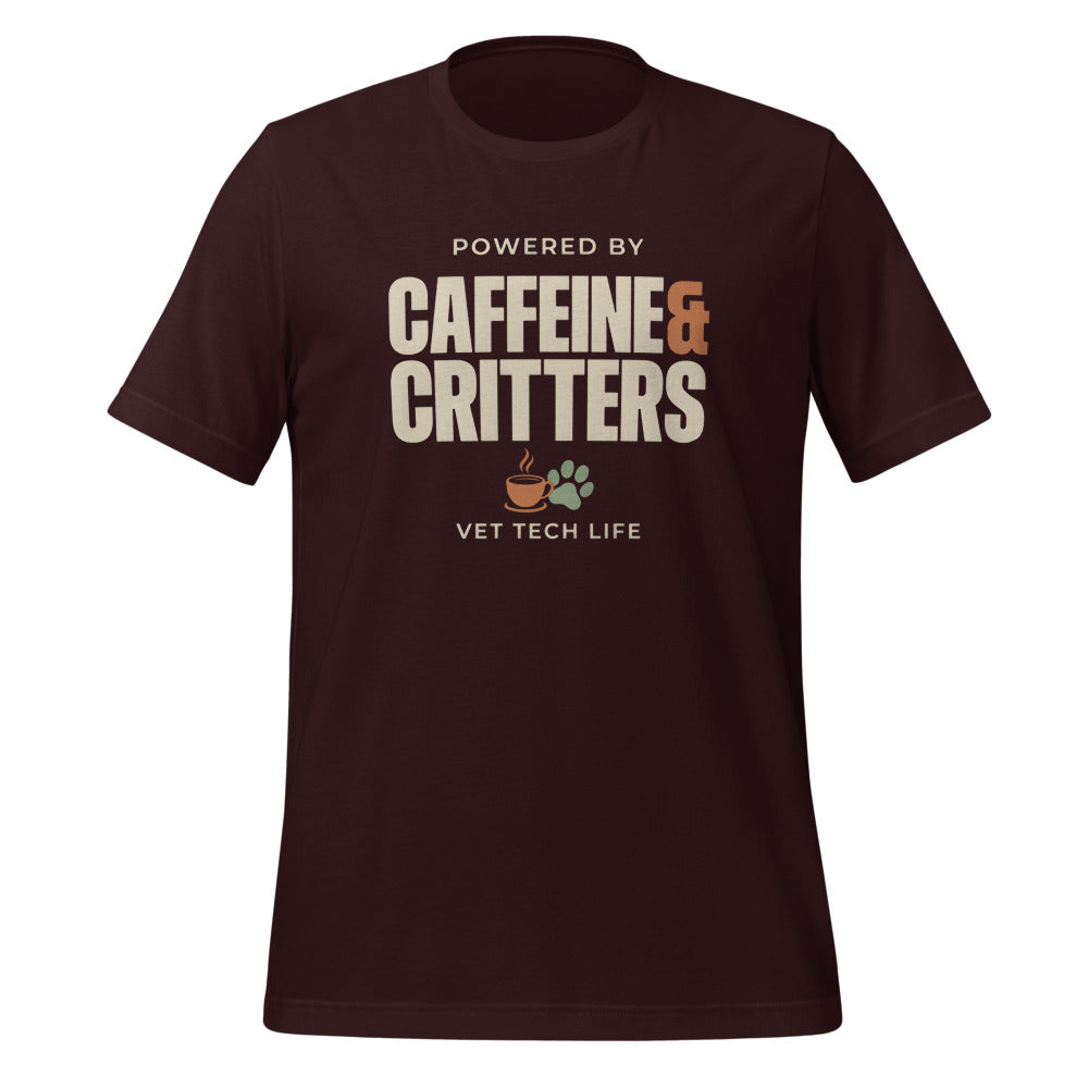 Powered by Caffeine & Critters funny vet tech tee — Oxblood Black, front
