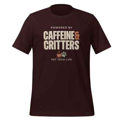 Powered by Caffeine & Critters funny vet tech tee — Oxblood Black, front