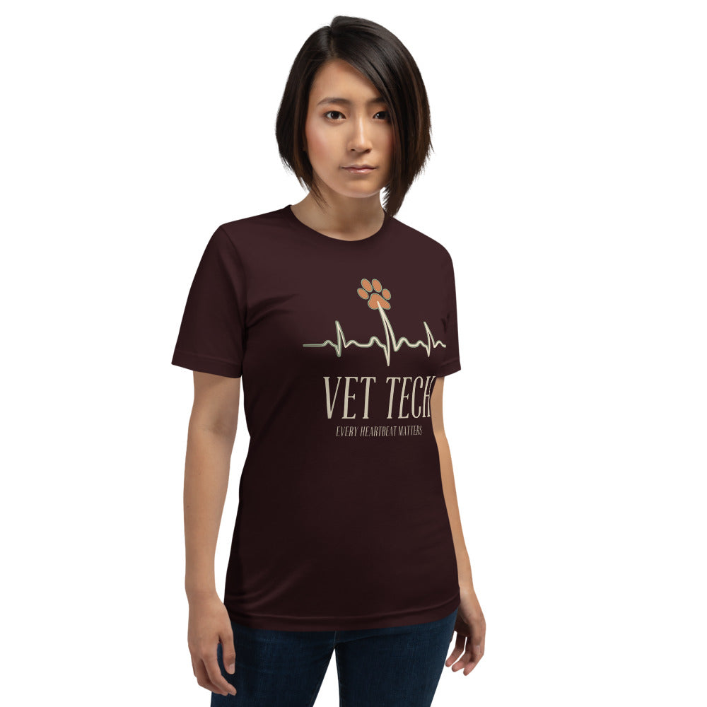 Every Heartbeat Matters minimalist vet tech tee — Oxblood Black, on model
