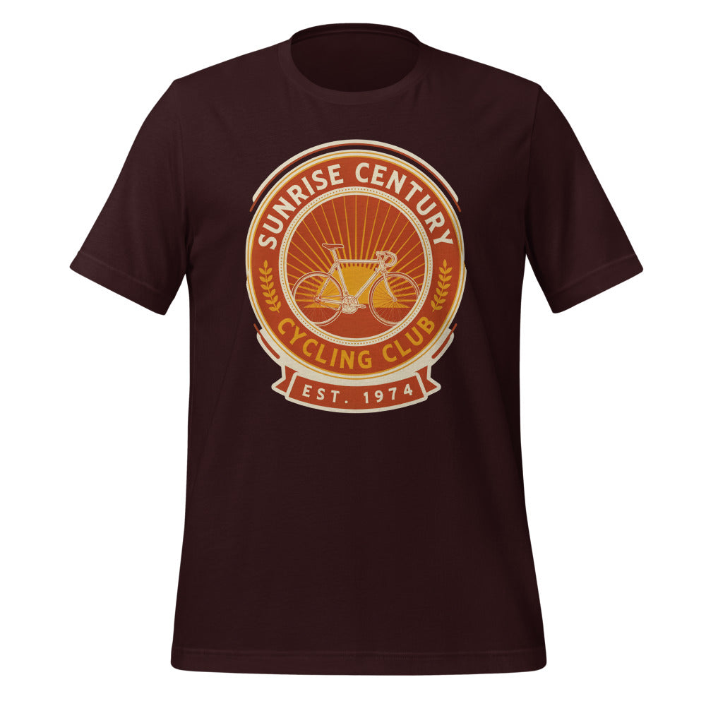 Sunrise Century C.C. retro cycling club badge t-shirt — Oxblood Black, front