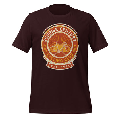 Sunrise Century C.C. retro cycling club badge t-shirt — Oxblood Black, front