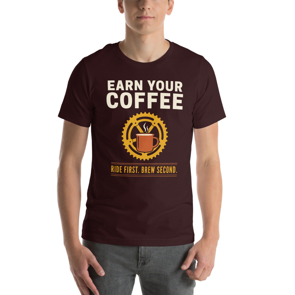 Earn Your Coffee retro cycling coffee t-shirt — Oxblood Black, on model