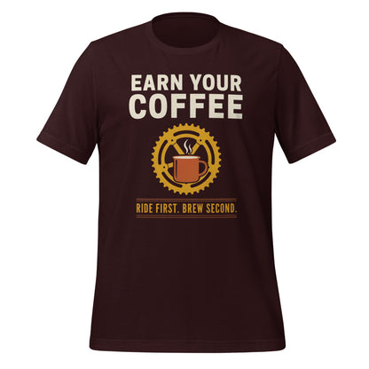 Earn Your Coffee retro cycling coffee t-shirt — Oxblood Black, front