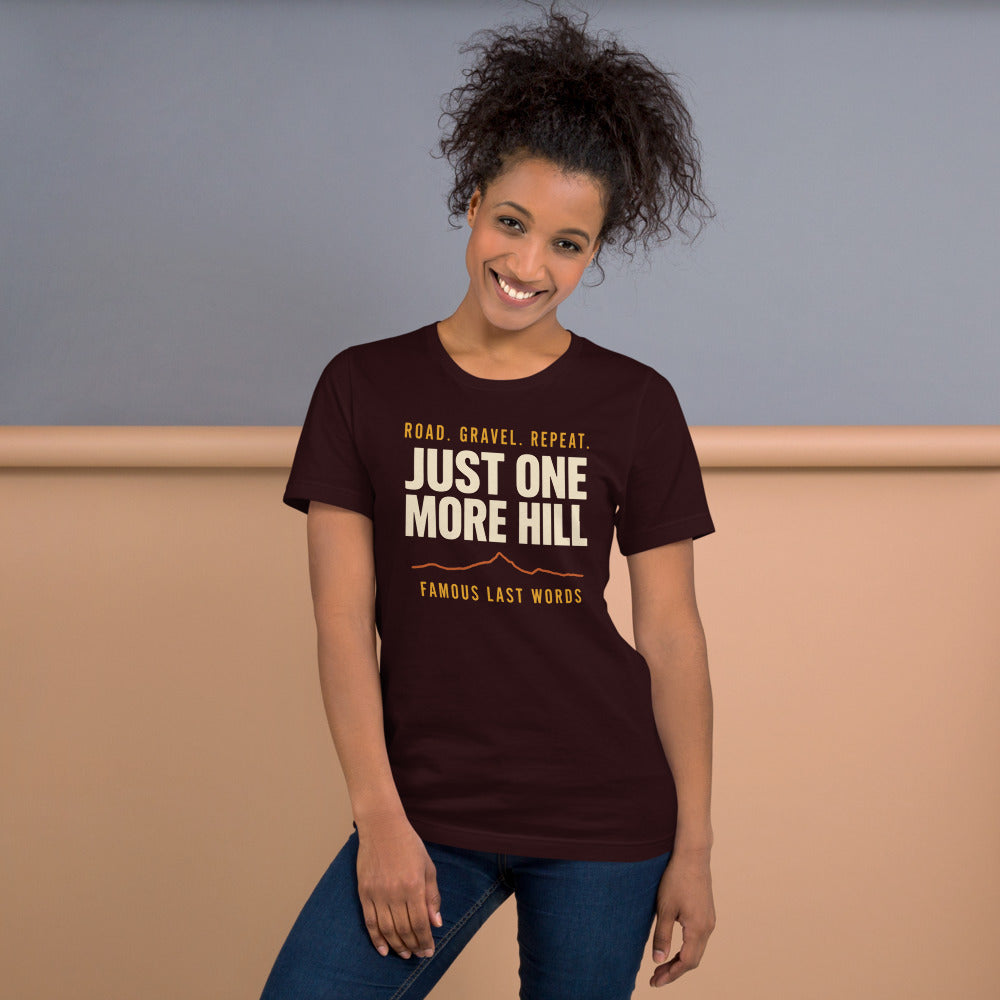 Just One More Hill retro cycling climb t-shirt — Oxblood Black, on model
