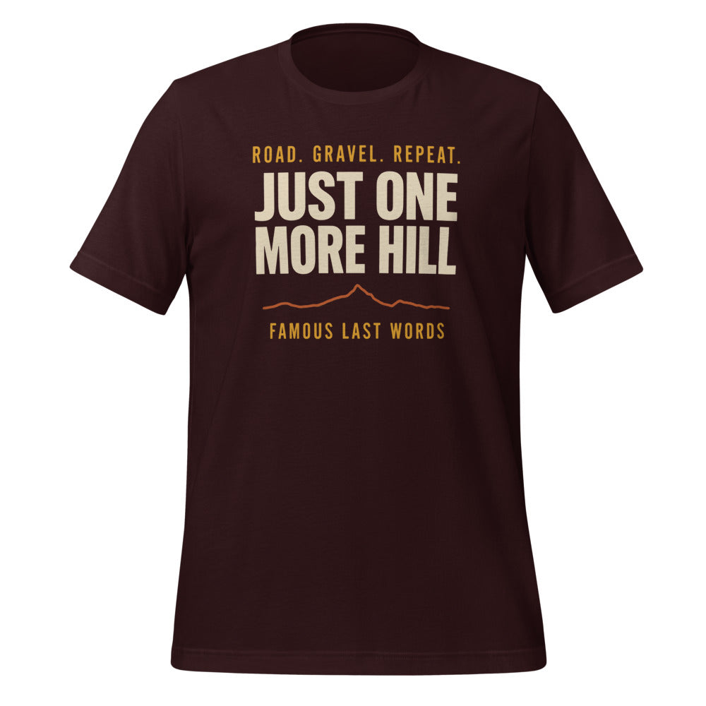 Just One More Hill retro cycling climb t-shirt — Oxblood Black, front