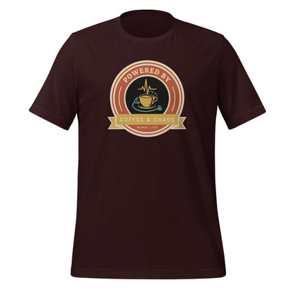 Powered by Coffee & Chaos retro nurse badge tee — Oxblood Black, front