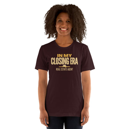 In My Closing Era real estate agent tee — Oxblood Black, on model