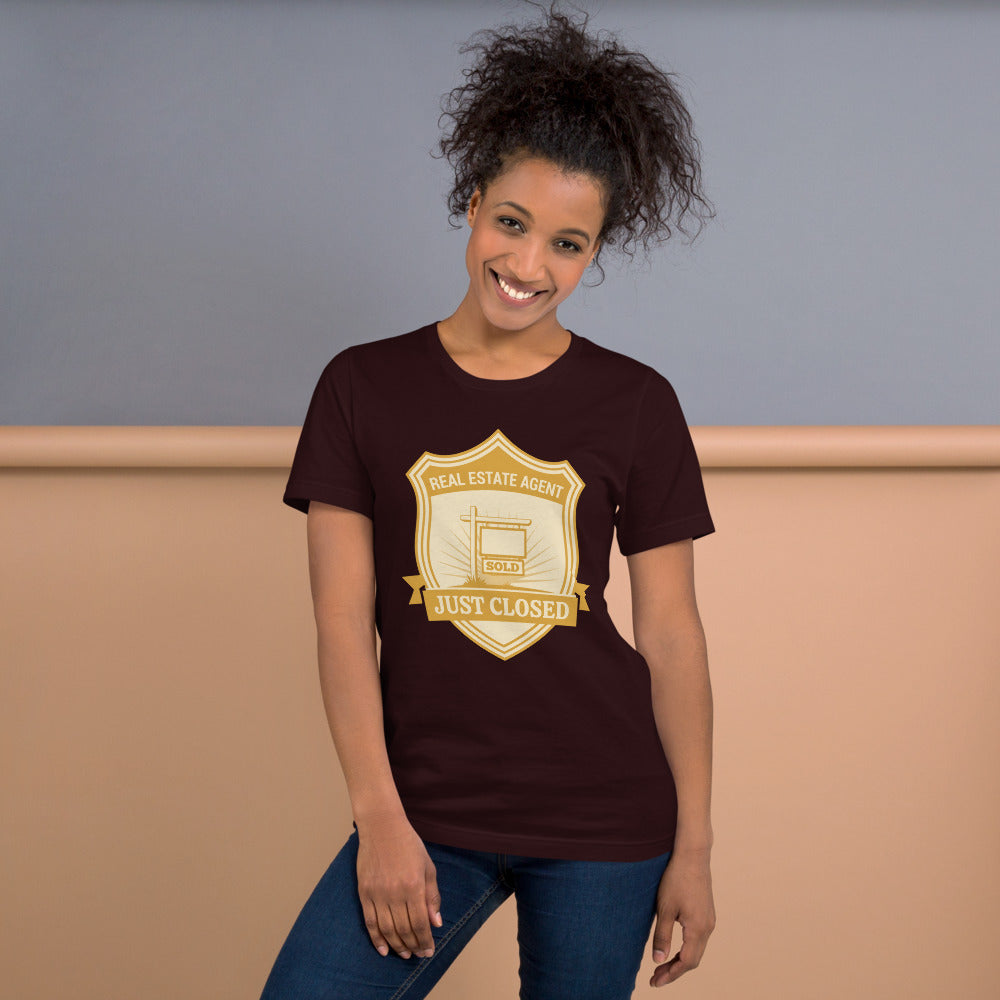 Just Closed real estate agent tee — Oxblood Black, on model