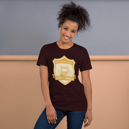 Just Closed real estate agent tee — Oxblood Black, on model