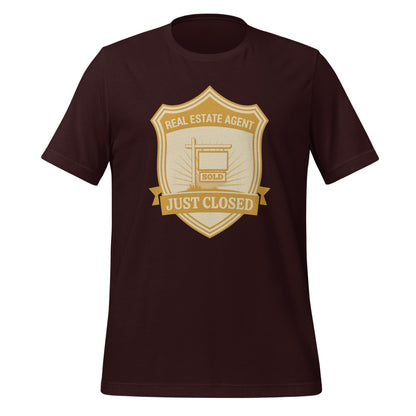 Just Closed real estate agent tee — Oxblood Black, front