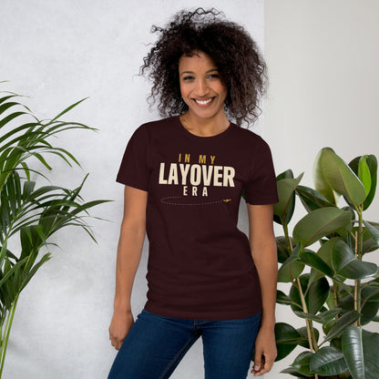 In My Layover Era flight attendant tee — Oxblood Black, on model