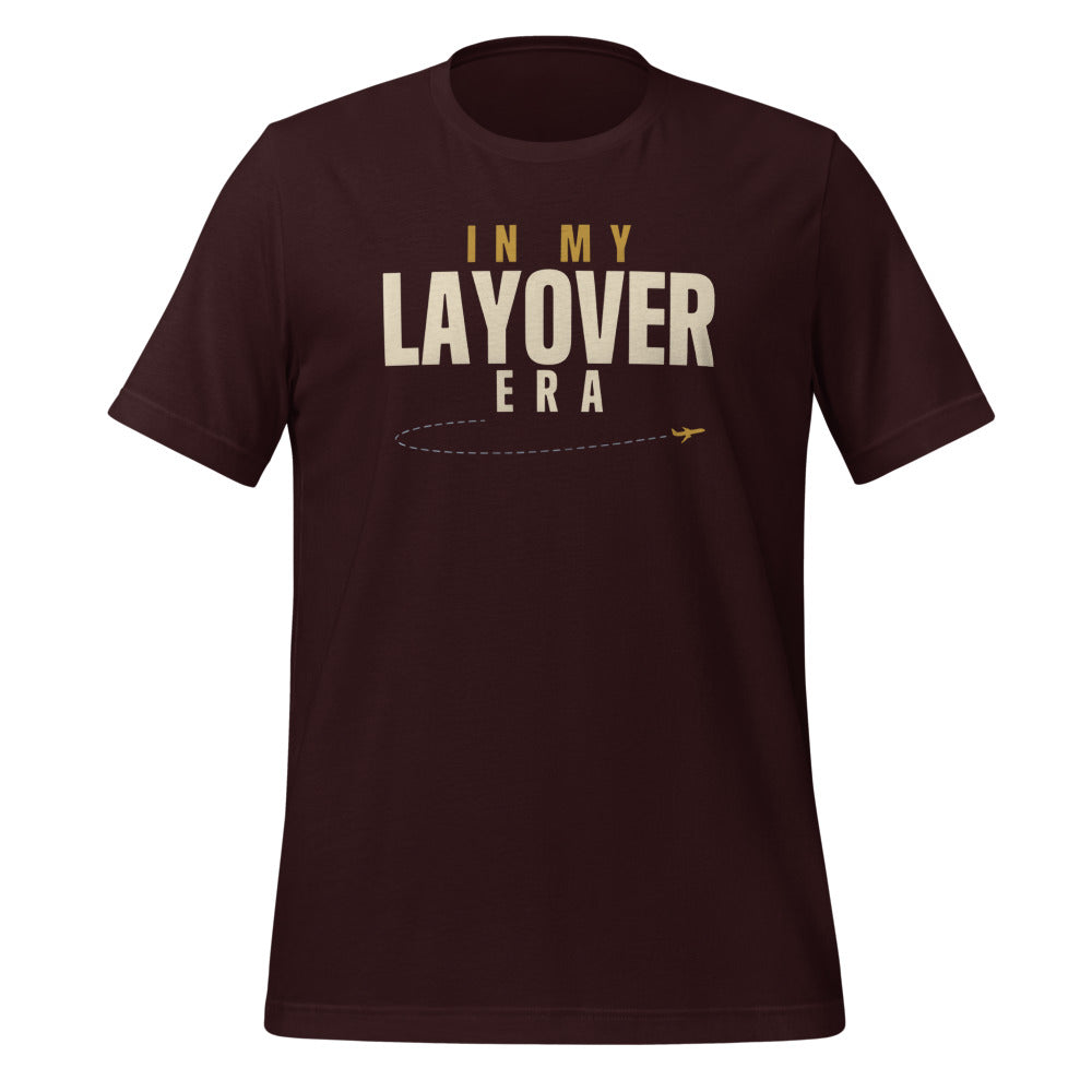 In My Layover Era flight attendant tee — Oxblood Black, front