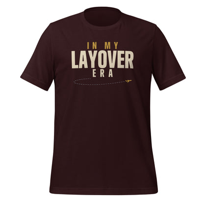In My Layover Era flight attendant tee — Oxblood Black, front