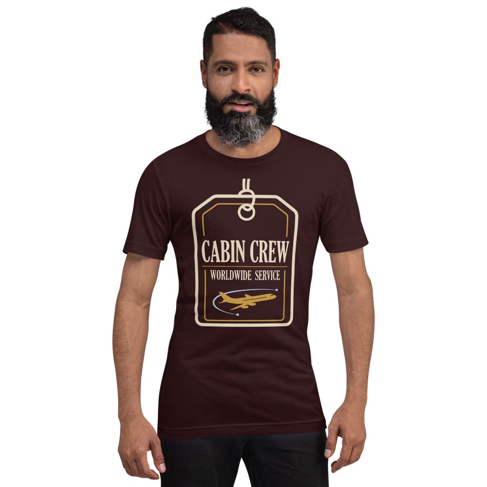 Worldwide Service cabin crew tee — Oxblood Black, on model