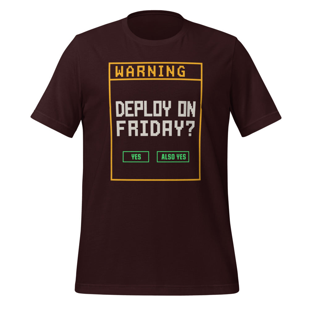 Deploy On Friday programmer tee — Oxblood Black, front