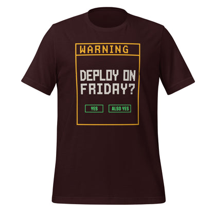Deploy On Friday programmer tee — Oxblood Black, front