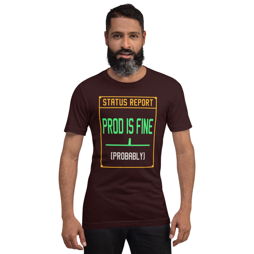 Prod Is Fine programmer tee — Oxblood Black, on model