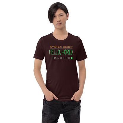 Hello World retro boot screen programmer tee — Oxblood Black, on model