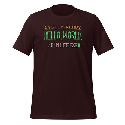 Hello World retro boot screen programmer tee — Oxblood Black, front
