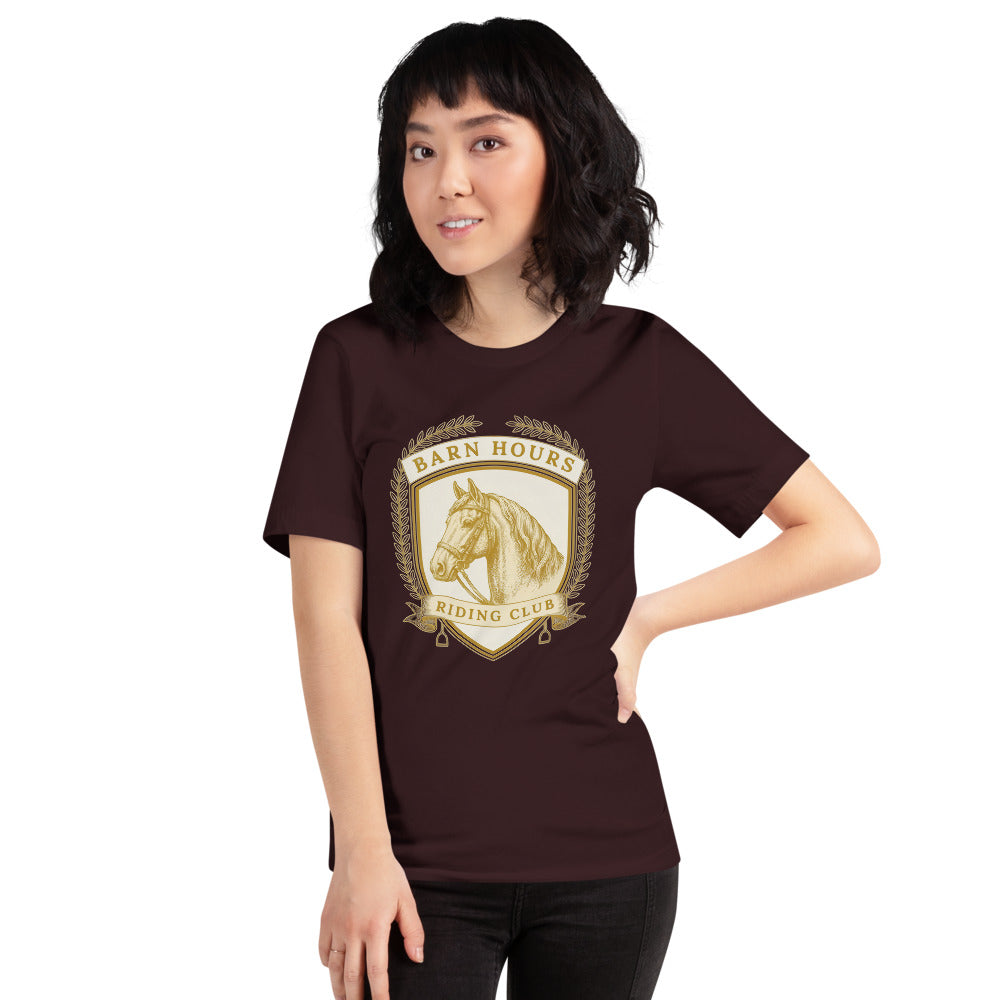 Barn Hours Riding Club vintage equestrian stable crest t-shirt — Oxblood Black, on model