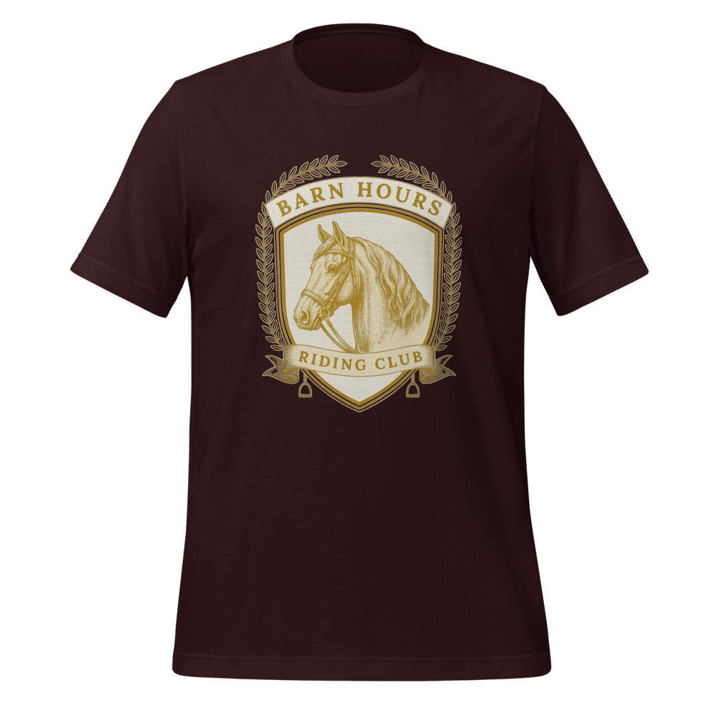 Barn Hours Riding Club vintage equestrian stable crest t-shirt — Oxblood Black, front