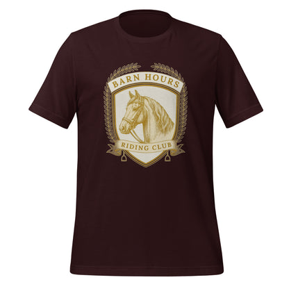 Barn Hours Riding Club vintage equestrian stable crest t-shirt — Oxblood Black, front