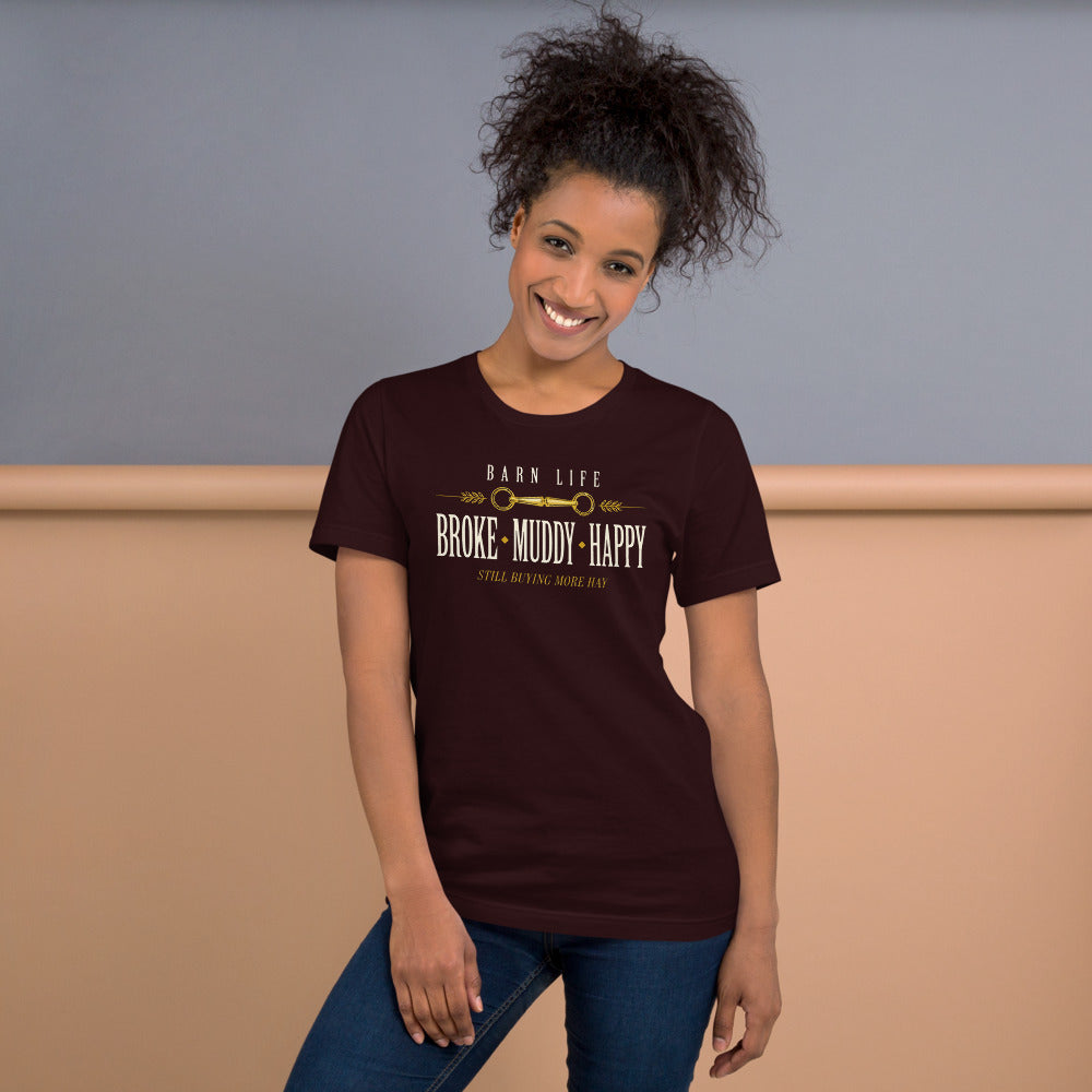 Broke Muddy Happy funny barn life equestrian t-shirt — Oxblood Black, on model