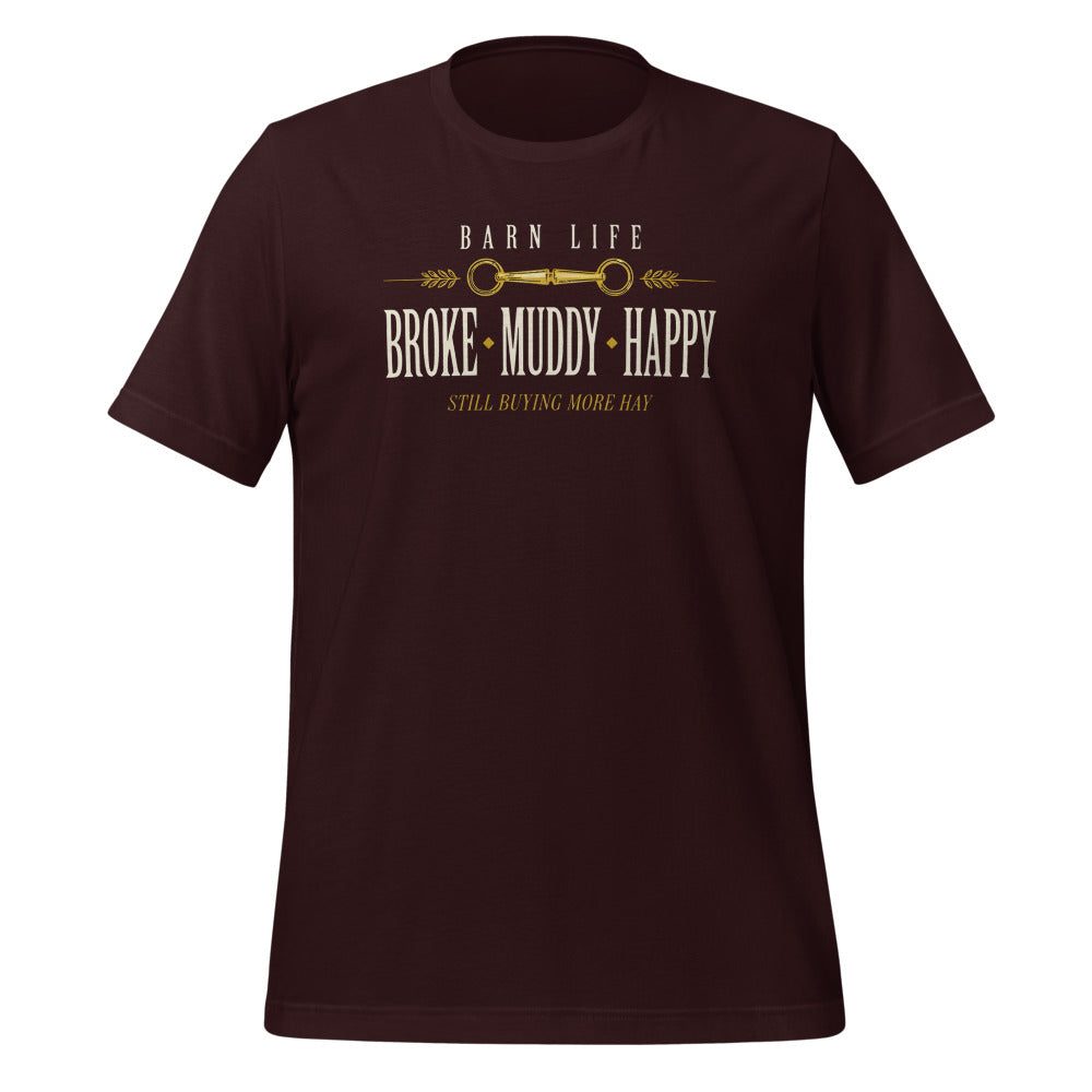 Broke Muddy Happy funny barn life equestrian t-shirt — Oxblood Black, front