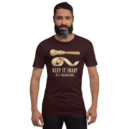 Keep It Sharp woodworking tee — Oxblood Black, on model