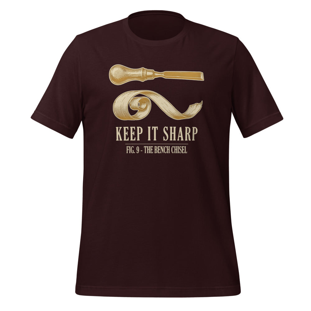 Keep It Sharp woodworking tee — Oxblood Black, front