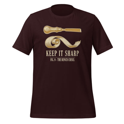 Keep It Sharp woodworking tee — Oxblood Black, front