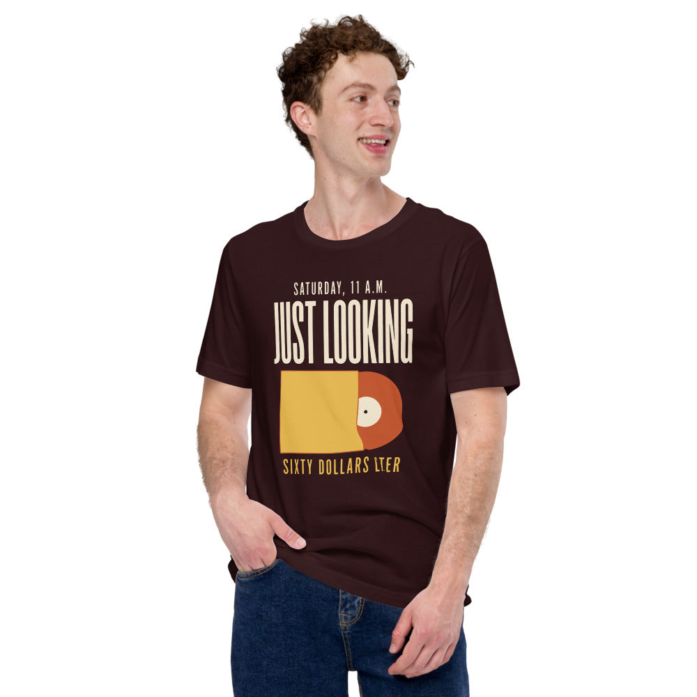 Just Looking Sixty Dollars Later vinyl record tee — Oxblood Black, on model