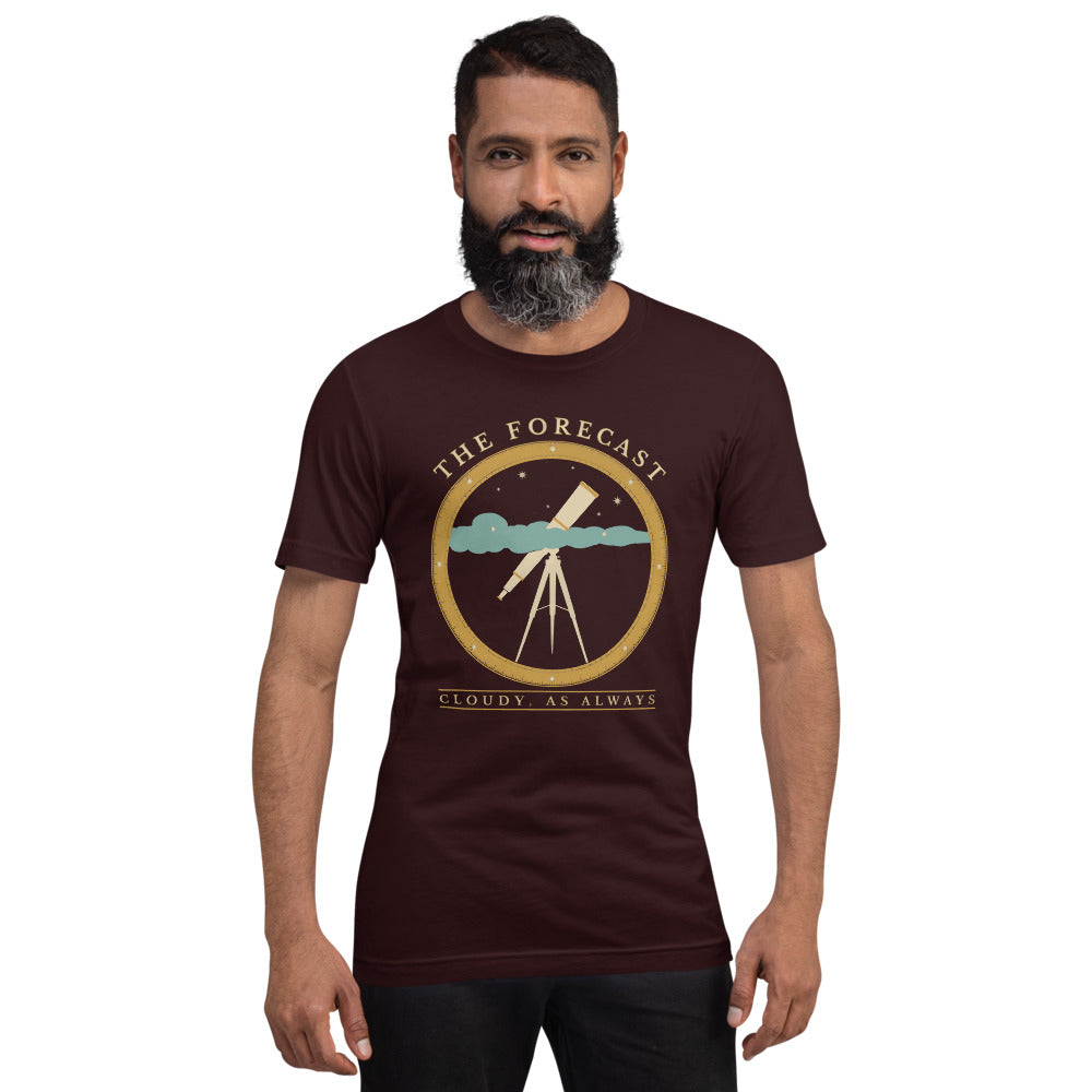 The Forecast Cloudy As Always funny astronomy tee — Oxblood Black, on model
