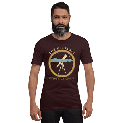 The Forecast Cloudy As Always funny astronomy tee — Oxblood Black, on model