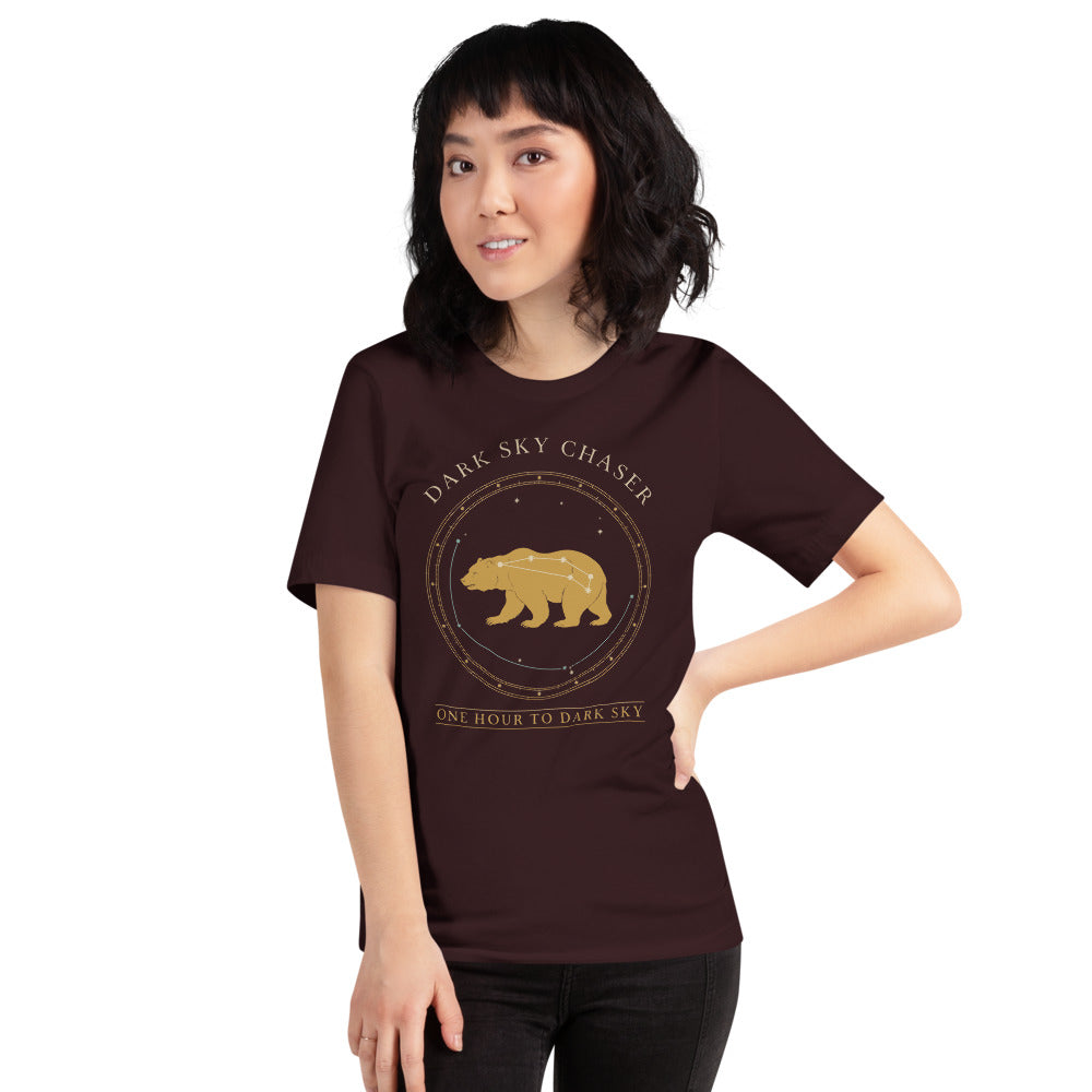 Dark Sky Chaser Ursa Major constellation astronomy tee — Oxblood Black, on model