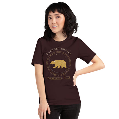 Dark Sky Chaser Ursa Major constellation astronomy tee — Oxblood Black, on model