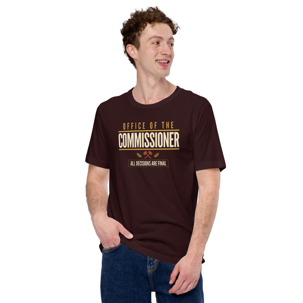 Office of the Commissioner fantasy football draft tee — Oxblood Black, on model