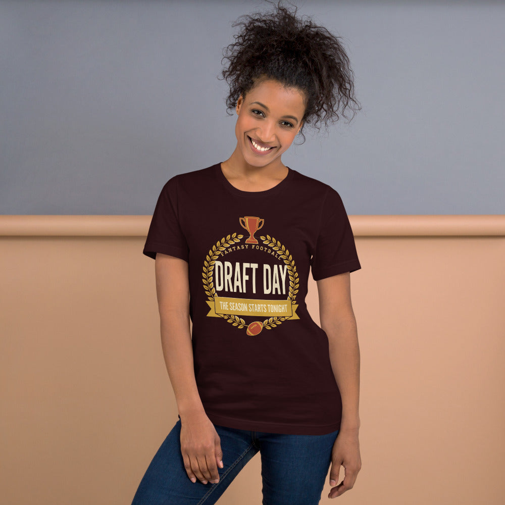 Draft Day Almanac vintage fantasy football draft tee — Oxblood Black, on model