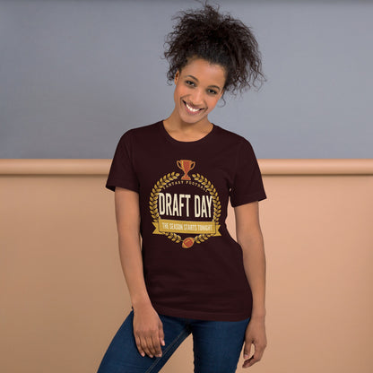 Draft Day Almanac vintage fantasy football draft tee — Oxblood Black, on model