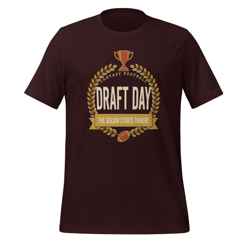 Draft Day Almanac vintage fantasy football draft tee — Oxblood Black, front